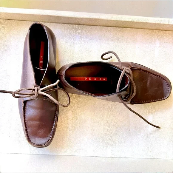 Prada Women’s Brown Leather Ankle Boots- Red Prada Stripe Sole - Made in Italy - Picture 3 of 10